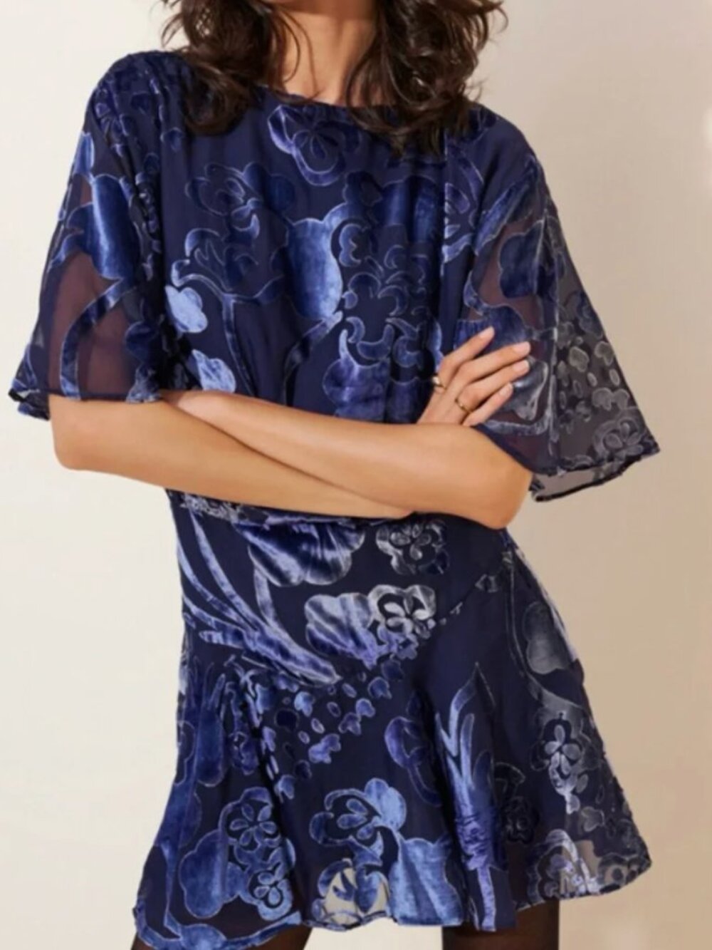 Free People Manuka Burnout Velvet Mini Dress Navy NWT $168 msrp